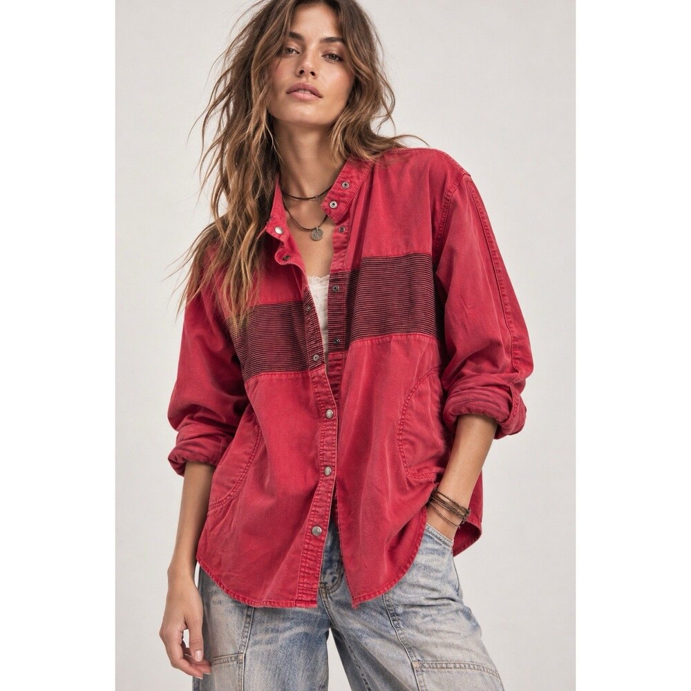 We the Free People Moto Colorblock Shirt L Oversized Red Denim Snap